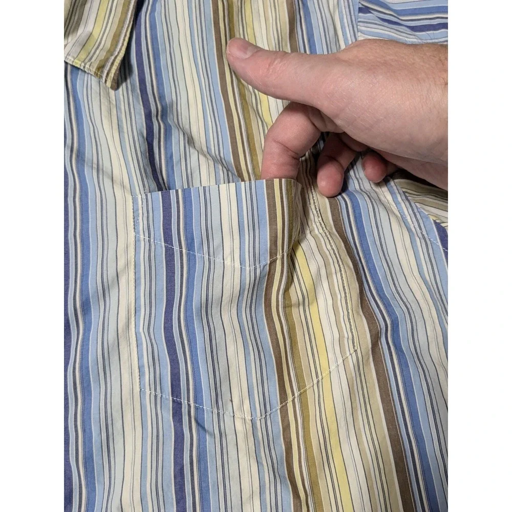 GUESS Covered-Placket Men XL‎ Blue Brown Yellow Striped Cotton Button Shirt